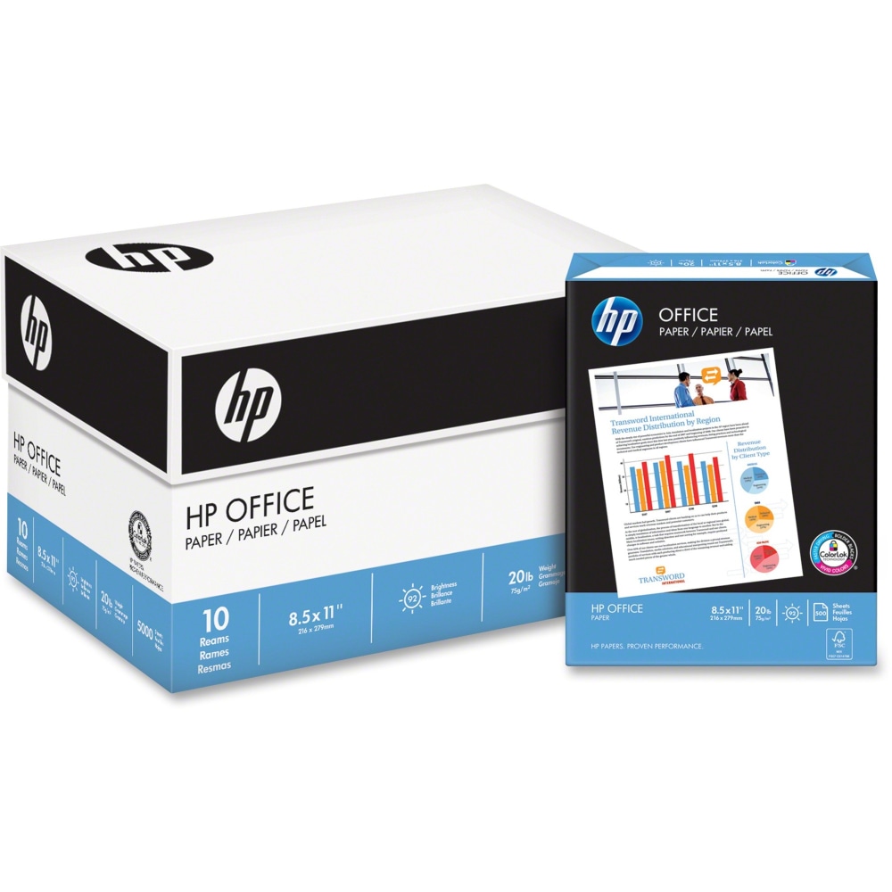 HP Office20 Printer & Copy Paper, White, Letter (8.5in x 11in), 200000 Sheets Per Pallet, 20 Lb, 92  Brightness, Case Of 10 Reams MPN:HEW112101PL