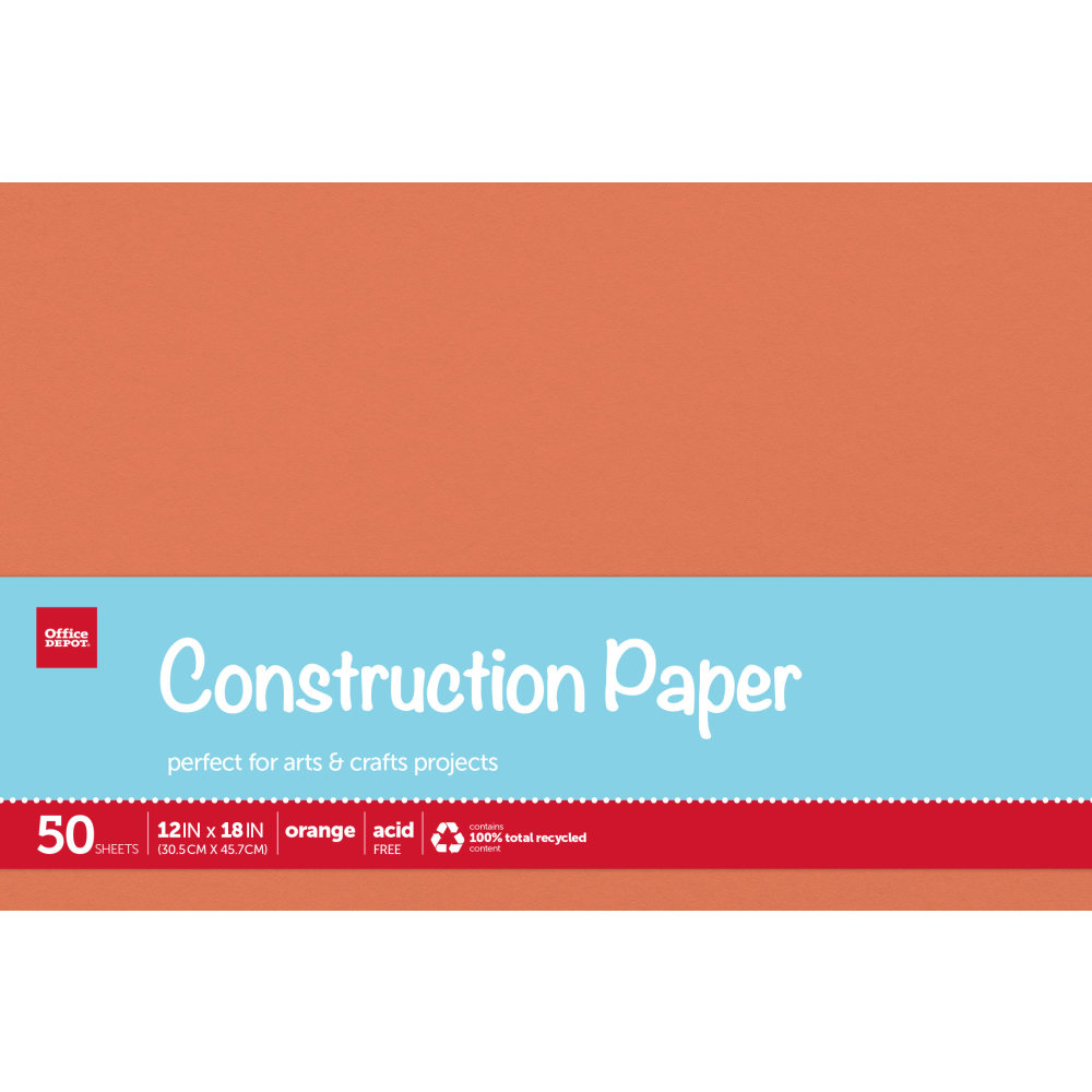Office Depot Brand Construction Paper, 12in x 18in, 100% Recycled, Orange, Pack Of 50 Sheets (Min Order Qty 12) MPN:SI/1009C