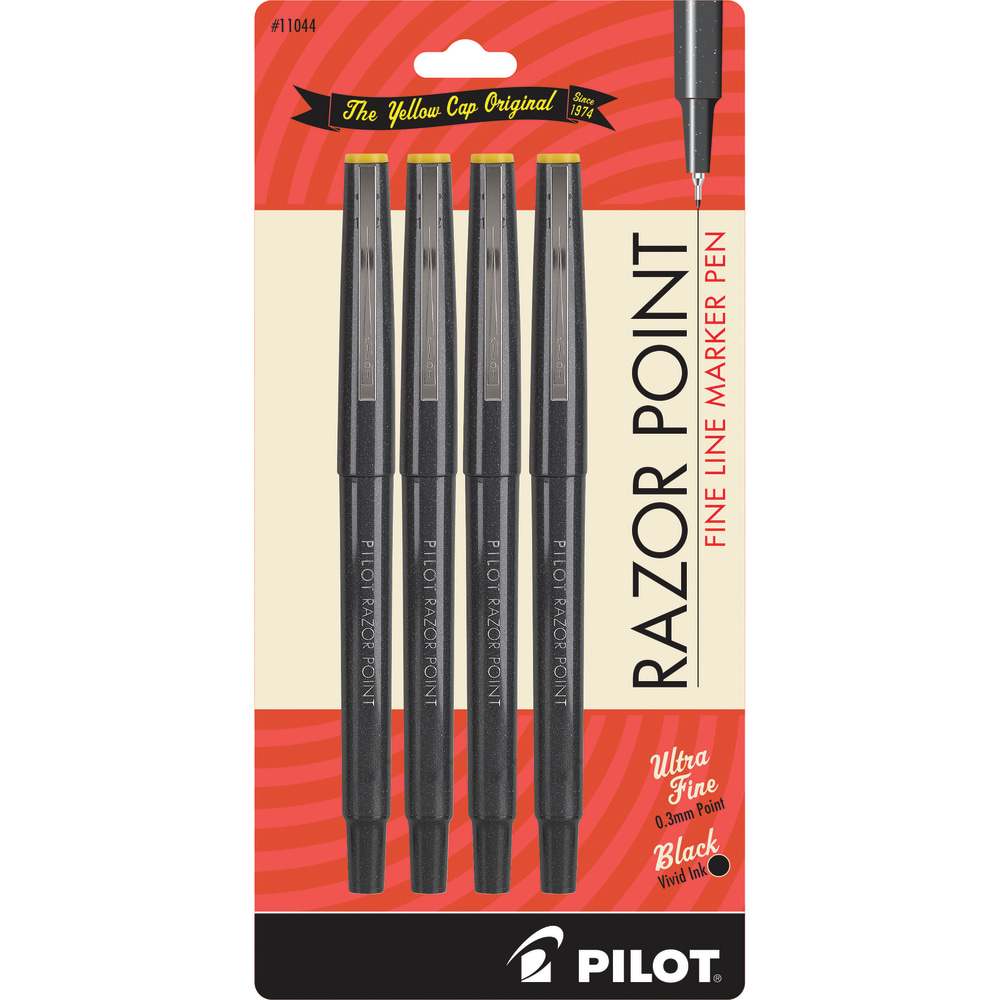 Pilot Razor Point Marker Pens, Extra-Fine Point, 0.3mm, Black Barrel, Black Ink, Pack Of 4 MPN:11044