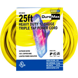 DuroMax Heavy Duty Triple Tap Extension Power Cord SJTW 12 Gauge 15A 120V 25'L Yellow XPC12025C