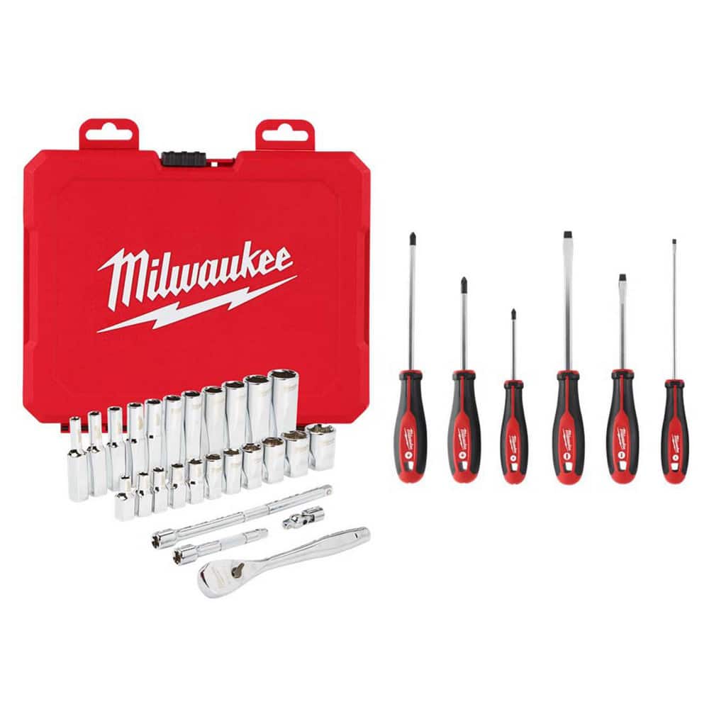 Socket Sets, Set Type: Ratchet & Socket Set , Measurement Type: SAE , Drive Size: 1/4 in , Minimum Size (Inch): 1/2 , Maximum Size (Inch): 9/32  MPN:1229373/1644605
