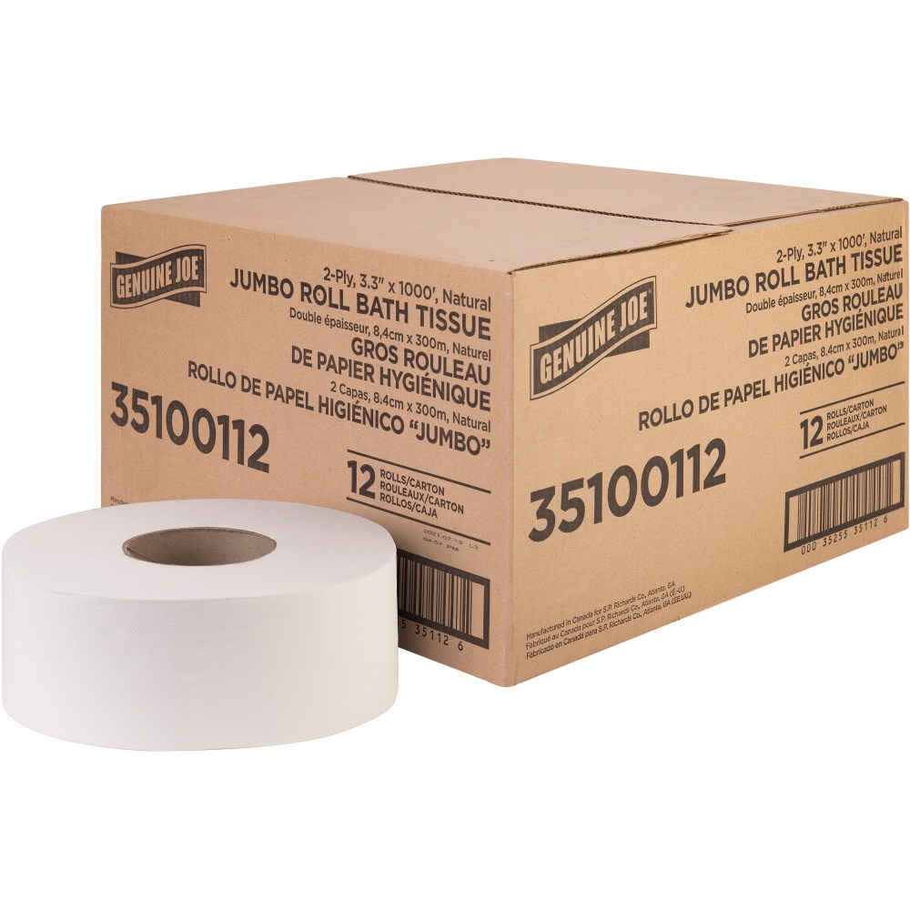 Genuine Joe Jumbo Jr Dispenser Bath Tissue Roll - 2 Ply - 3.30in Width x 1000 ft Length - 8.88in Roll Diameter - White - Fiber - 12 / Carton MPN:35100112