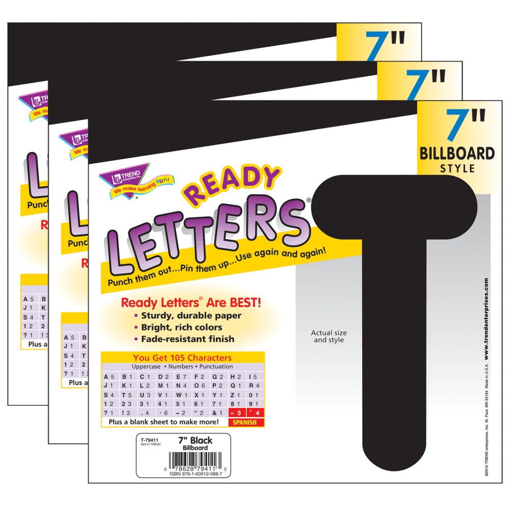 TREND Ready Letters, 7in, Billboard Uppercase, Black, Set Of 3 Packs MPN:T-79411-3
