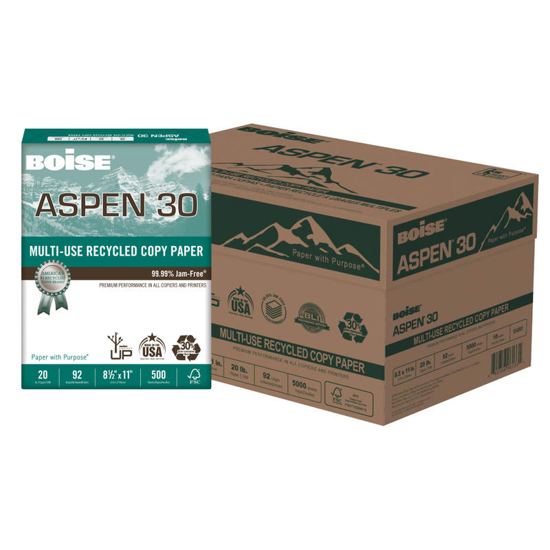 Boise ASPEN 30 Multi-Use Printer & Copy Paper, White, Letter (8.5in x 11in), 5000 Sheets Per Case, 20 Lb, 92 Brightness, 30% Recycled, FSC Certified, Case Of 10 Reams MPN:054901-CTN