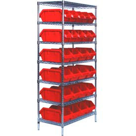 Quantum W7-12-26 Chrome Wire Shelving With 26 QuickPick Double Open Bins Red 18x36x74 W7-12-26RD