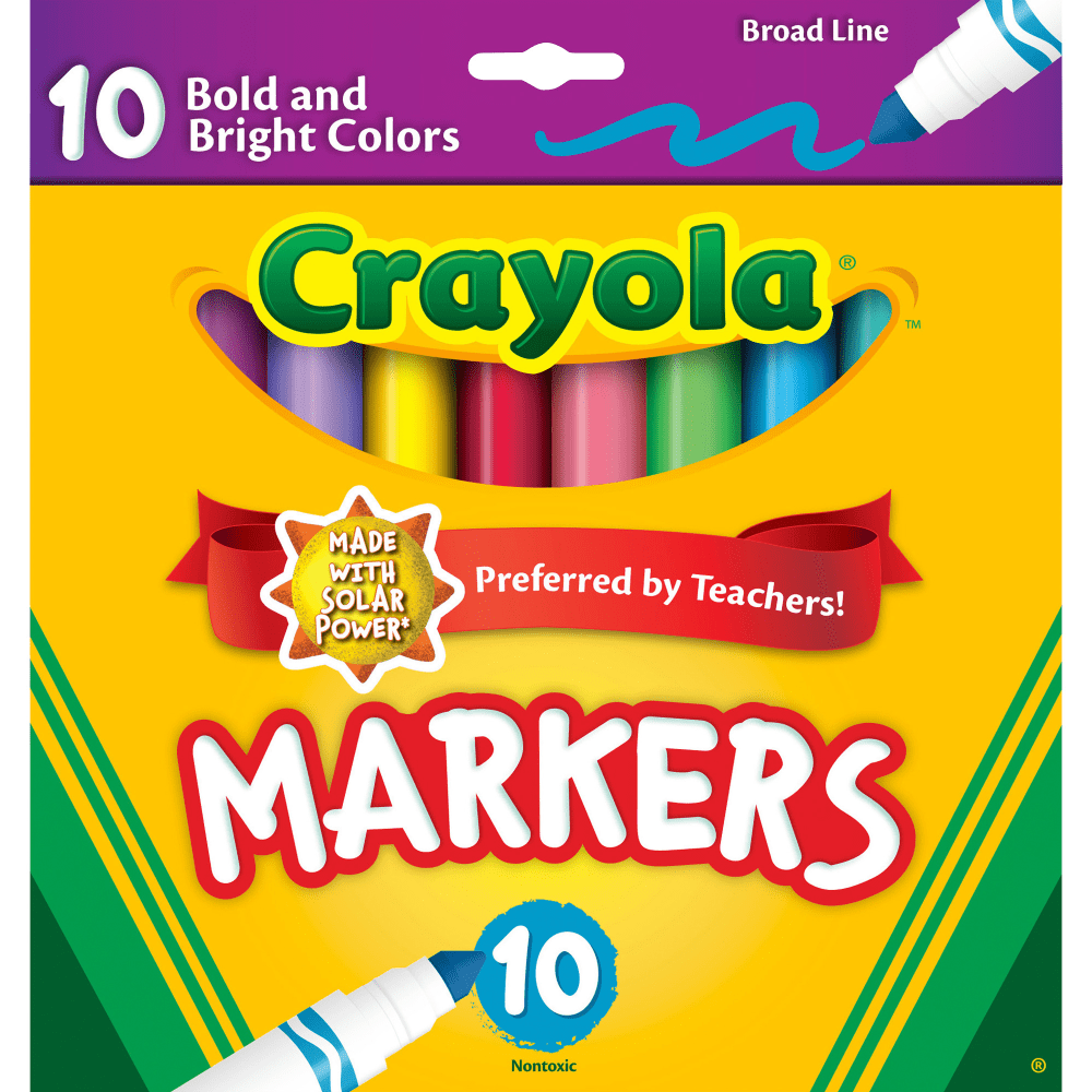 Crayola Bold And Bright Broad Line Markers, Conical Point, White Barrel, Assorted Ink Colors, Box Of 10 Markers MPN:587725