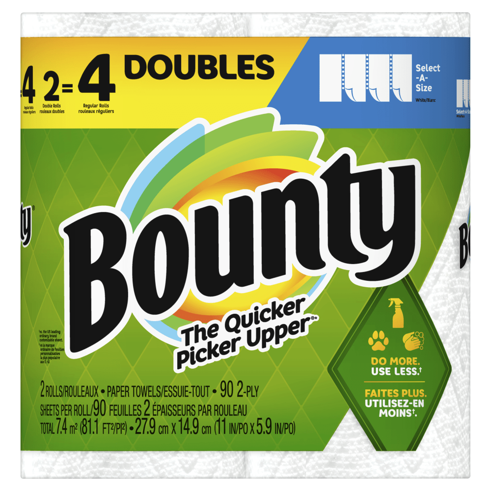 Bounty Select-A-Size 2-Ply Paper Towels, Double Roll, 11in x 6in, White, 90 Sheets Per Roll, Pack Of 2 Rolls (Min Order Qty 2) MPN:30772061220
