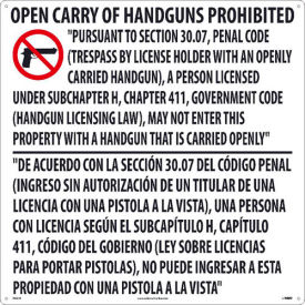 NCM M461R Texas Open Carry Handgun Law Prohibited Sign Rigid Plastic 24
