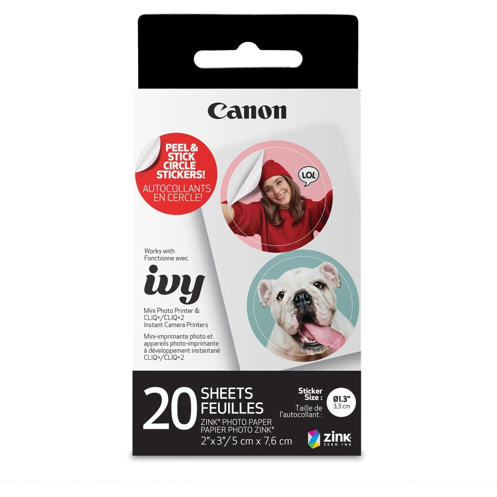 Canon ZINK Photo Paper - Glossy - 1 Each - 20 Sheets - Smudge-free, Water Resistant, Tear Resistant - White (Min Order Qty 4) MPN:ZINCCIRCLE20
