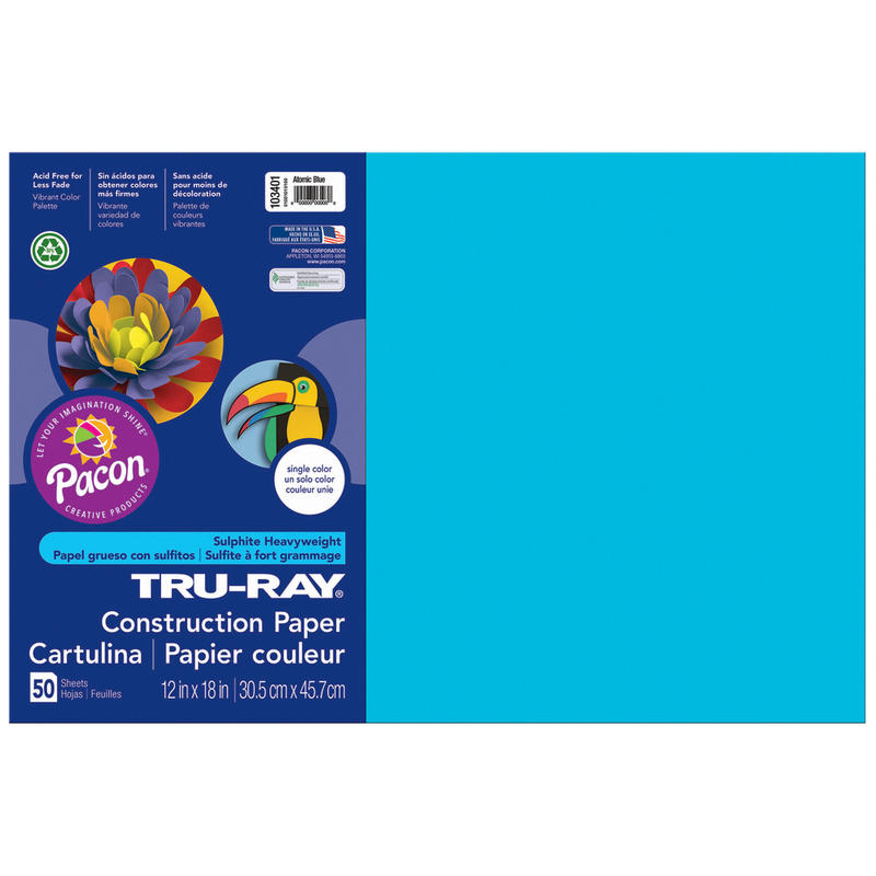 Tru-Ray Construction Paper, 12in x 18in, 50% Recycled, Atomic Blue, Pack Of 50 MPN:103401