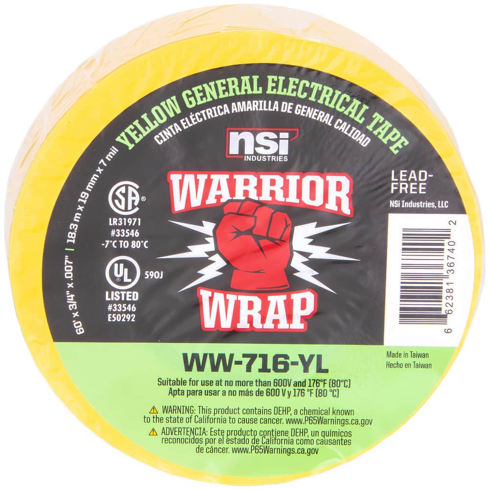 Electrical Tape, Tape Material: Vinyl , Width (Inch): 3/4 , Thickness (mil): 7.0000 , Color: Yellow , Series: General Use  MPN:WW-716-YL