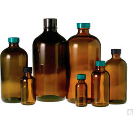 Qorpak® 4oz Amber Boston Round Bottle with 22-400 Black Phenolic PolyCone Lined Cap 24PK GLC-01935