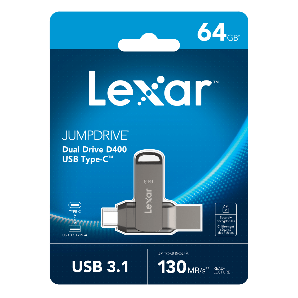 Lexar JumpDrive Dual Drive D400 USB 3.1 Type-C USB Drive, 64GB, Silver (Min Order Qty 6) MPN:LJDD400064G-BNQNU