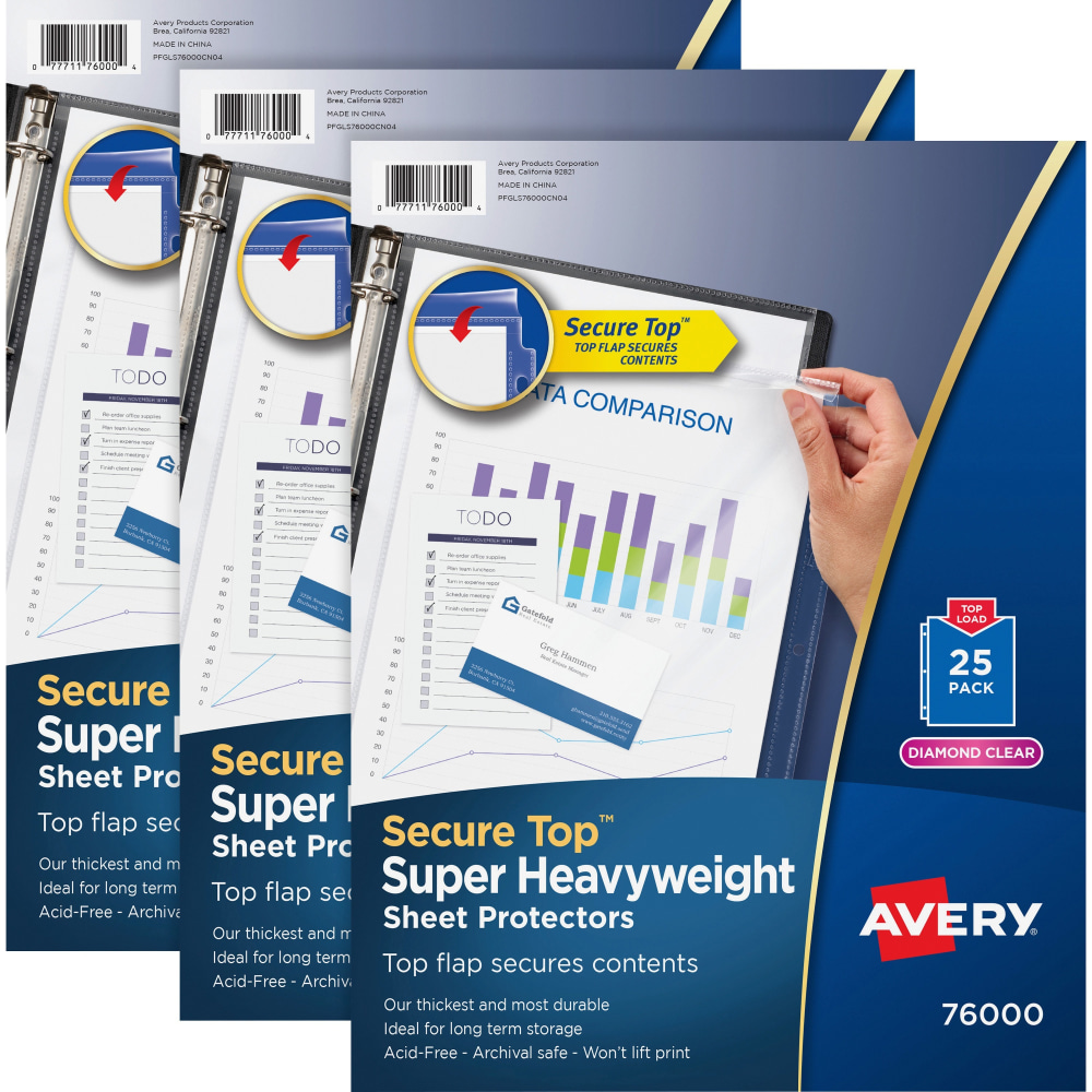Avery Secure Top Sheet Protectors - For Letter 8 1/2in x 11in Sheet - 3 x Holes - Ring Binder - Clear - Polypropylene - 75 / Bundle MPN:76000BD
