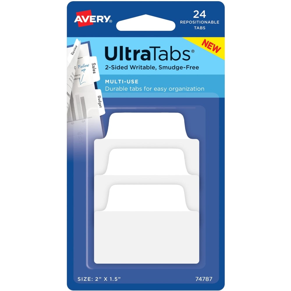Avery Ultra Tabs Repositionable Multi-Use Tabs - 24 Tab(s) - 8 Tab(s)/Set - Clear Film, White Paper Tab(s) - 3 (Min Order Qty 15) MPN:74787