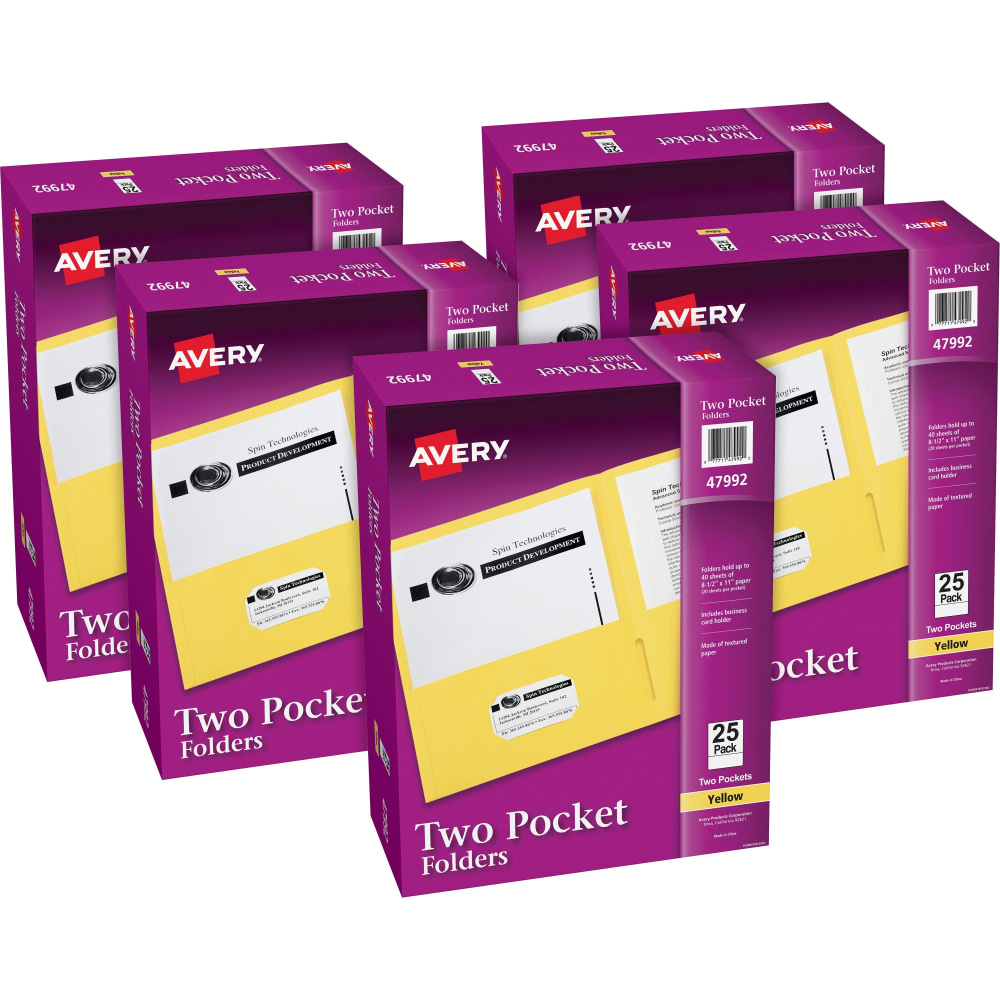 Avery Letter Pocket Folder - 8 1/2in x 11in - 40 Sheets Capacity - 2 Internal Pocket - Embossed Paper - Yellow - Embossed - 25/Box - 5 / Carton MPN:47992CT