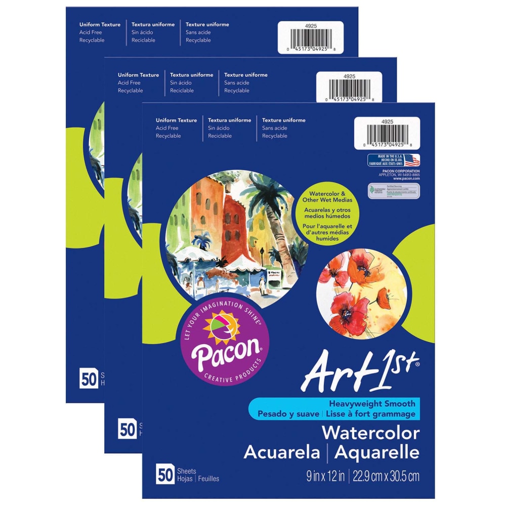 Pacon UCreate Watercolor Paper, 9in x 12in, White, 50 Sheets Per Pack, Set Of 3 Packs MPN:PAC4925-3