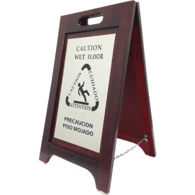 Wooden Bilingual Wet Floor Sign - Walnut Finish - Nickel Plate WWF-NI - Pkg Qty 2