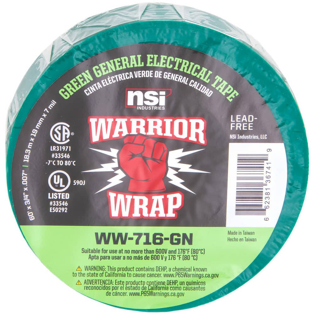 Electrical Tape, Tape Material: Vinyl , Width (Inch): 3/4 , Thickness (mil): 7.0000 , Color: Green , Series: General Use  MPN:WW-716-GN