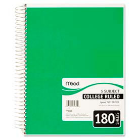 Spiral Bound 5-Subject College Ruled Notebook 8 x 10-1/2 180 Sheets 5682