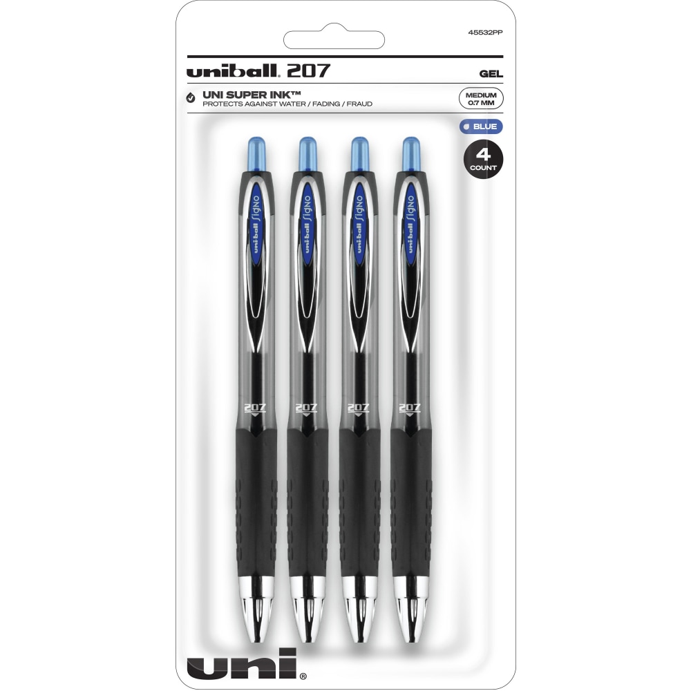 Uni-Ball 207 Gel Pens, Pack Of 4, Medium Point, 0.7 mm, Translucent Black Barrel, Blue Ink MPN:45532PP