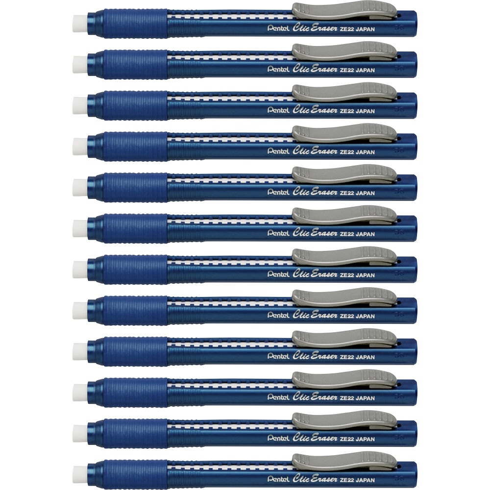 Pentel Rubber Grip Clic Eraser - Blue Barrel - Pen - Refillable - 12 / Box - Retractable, Latex-free Grip, Pocket Clip, Ghost Resistant, Non-abrasive MPN:ZE22CBX