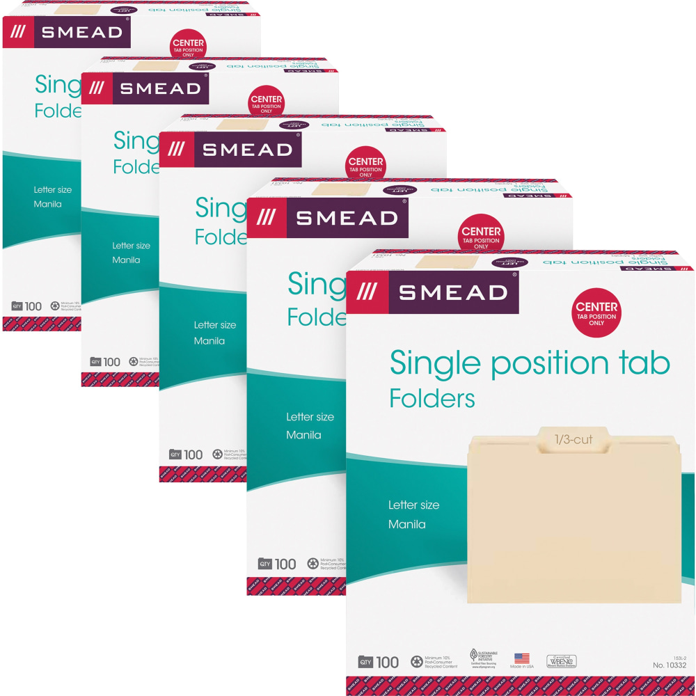 Smead Top Tab File Folders, Letter Size, 8 1/2in x 11in, 1/3 Tab Cut, Center Tab Position, 3/4in Expansion, Manila, Carton Of 500 Folders MPN:10332CT