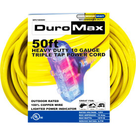 DuroMax Heavy Duty Triple Tap Extension Power Cord SJTW 10 Gauge 15A 120V 50'L Yellow XPC10050C