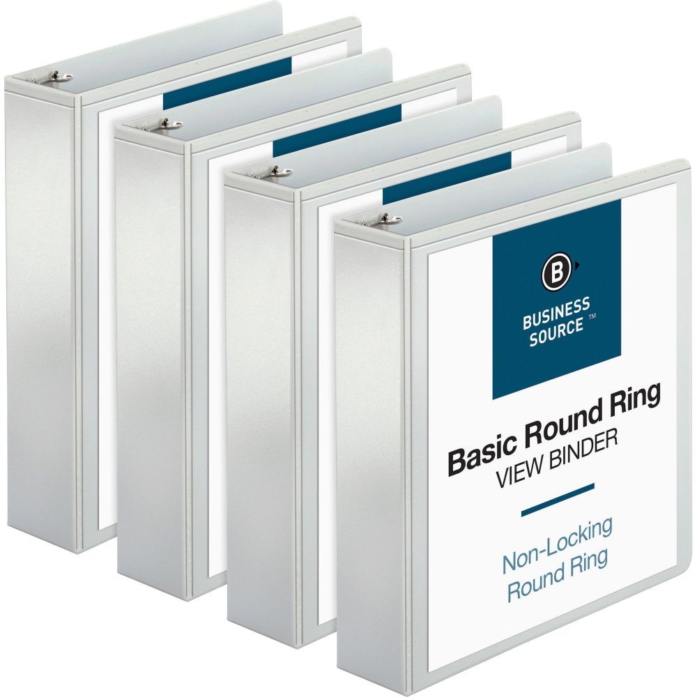Business Source RounD-Ring View Binder, 2in Ring, 8 1/2in x 11in, White, Pack Of 4 MPN:09957BD