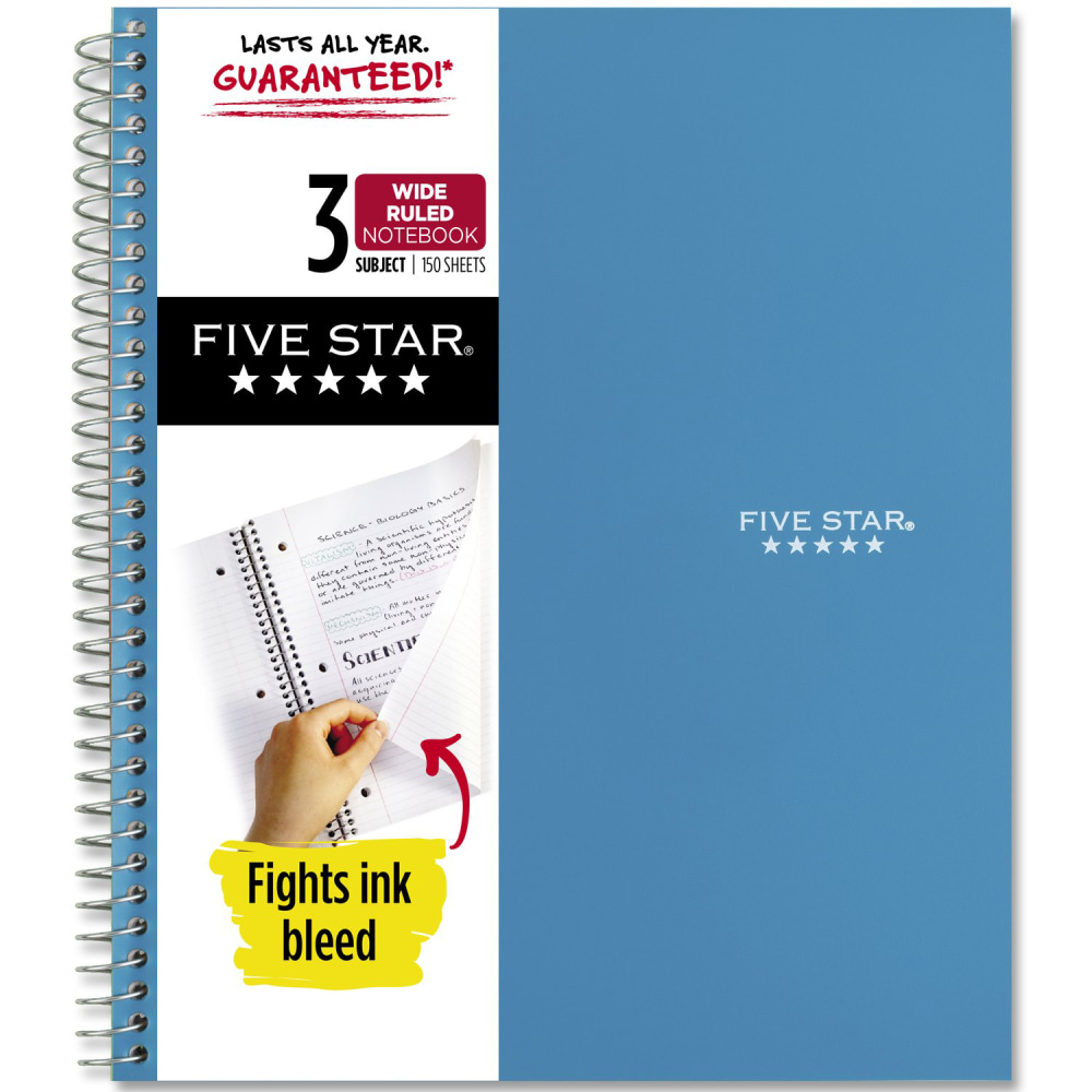 Five Star Wirebound Notebook, 8in x 10-1/2in, 3 Subject, Wide Ruled, 150 Sheets, Tidewater Blue MPN:930011CG1-ECM