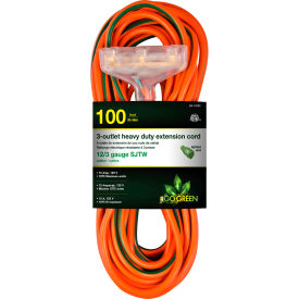 GoGreen Power 12/3 100' 3-Outlet Heavy Duty Extension Cord GG-15200 Lighted End GG-15200