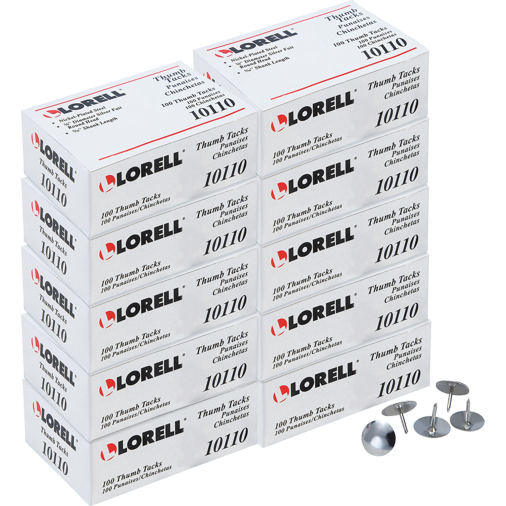 Lorell 5/16in Long Thumb Tacks - 0.31in Shank - 0.37in Head - for Schedule, Wall - Silver - Nickel Plated Steel - 100/Pack - 10 / Box MPN:10110BX