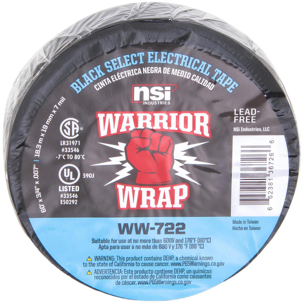 Electrical Tape, Tape Material: Vinyl , Width (Inch): 3/4 , Thickness (mil): 7.0000 , Color: Black , Series: Professional  MPN:WW-722