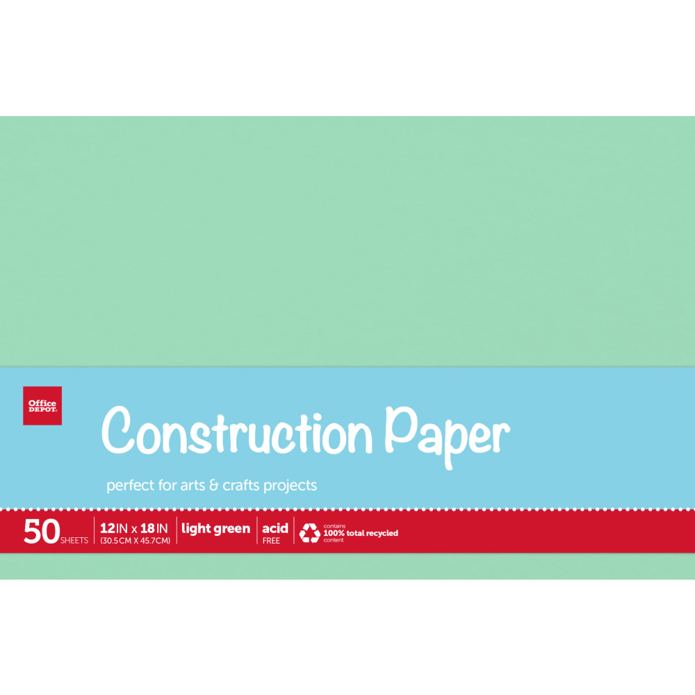 Office Depot Brand Construction Paper, 12in x 18in, 100% Recycled, Light Green, Pack Of 50 Sheets MPN:SI/1001C
