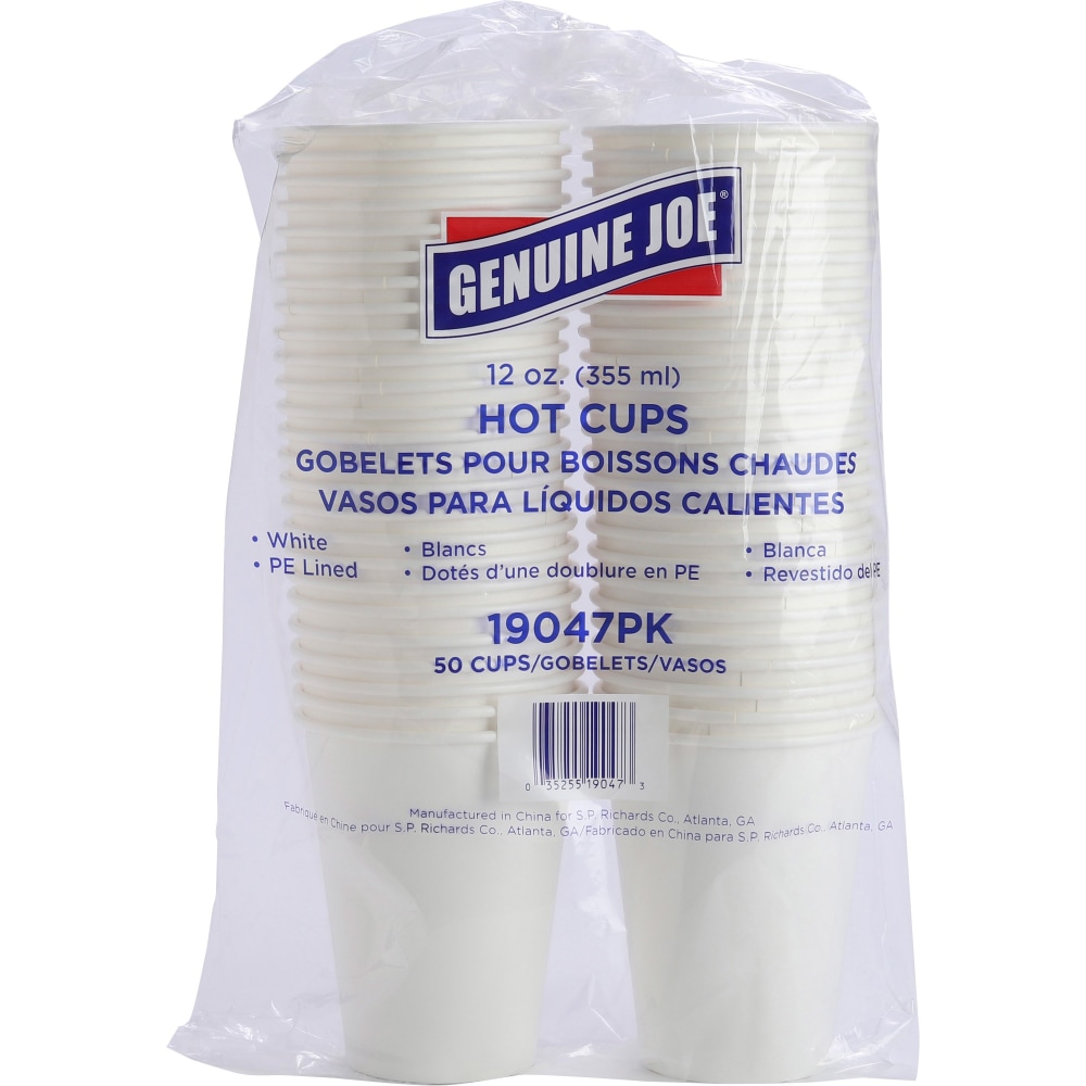 Genuine Joe Lined Disposable Hot Cups - 12 fl oz - 250 / Bundle - White - Polyurethane - Hot Drink MPN:19047BD