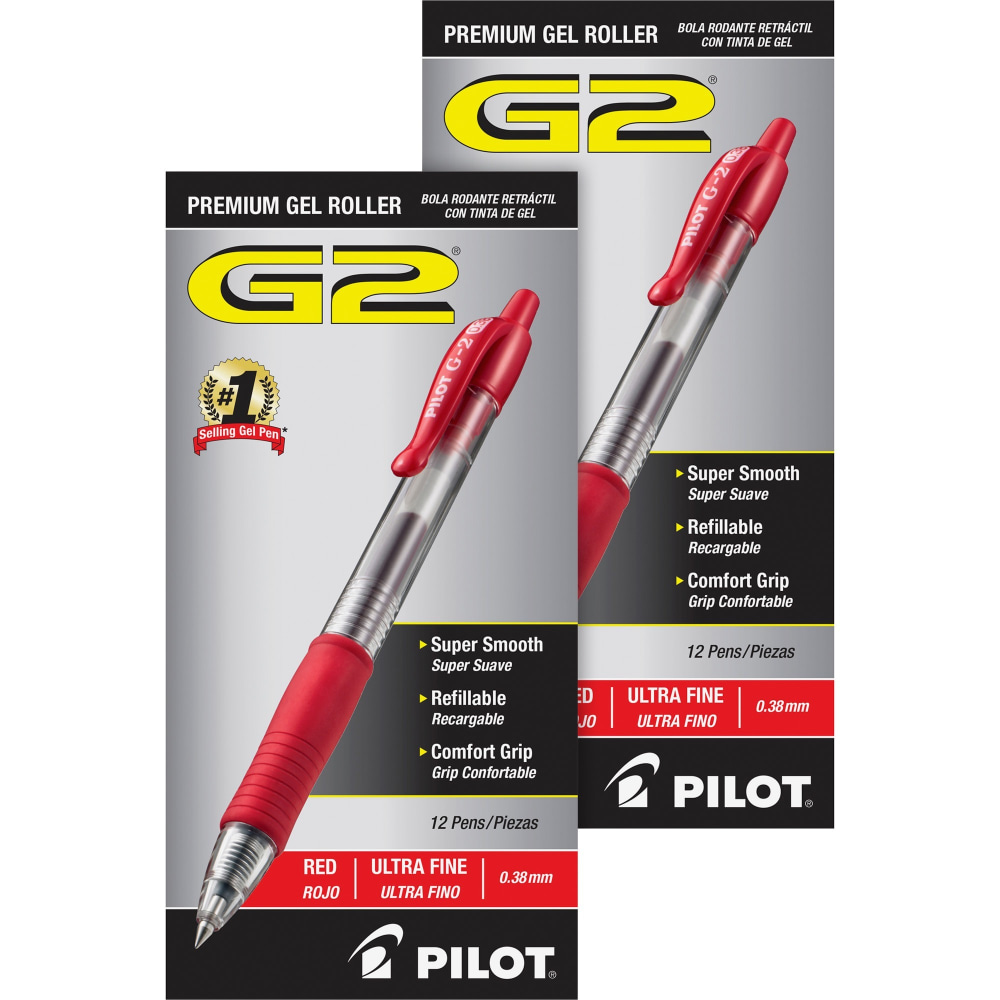 Pilot G2 Premium Gel Roller Retractable Pens, Ultra Fine Point, 0.38 mm, Clear Barrels, Red Ink, Pack Of 12 Pens MPN:31279BD