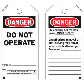 Brady® Danger Do Not Operate Tag Locked Out 2 Sided 25/Pkg Polyester 3