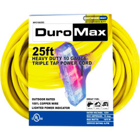 DuroMax Heavy Duty Triple Tap Extension Power Cord SJTW 10 Gauge 15A 120V 25'L Yellow XPC10025C