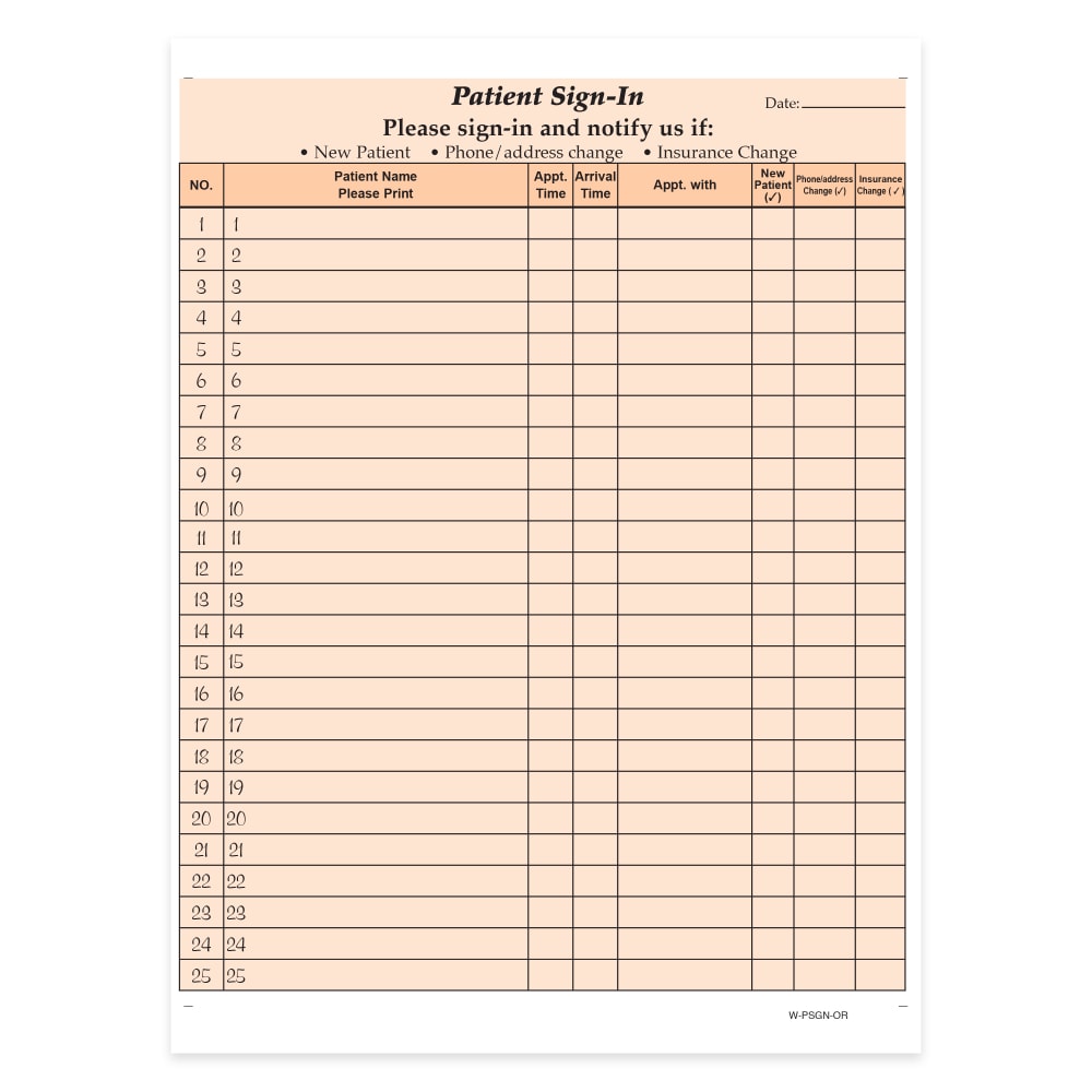 HIPAA Compliant Patient/Visitor Privacy 2-Part Sign-In Sheets, 8-1/2in x 11in, Orange, Pack Of 250 Sheets MPN:W-PSGN-OR250