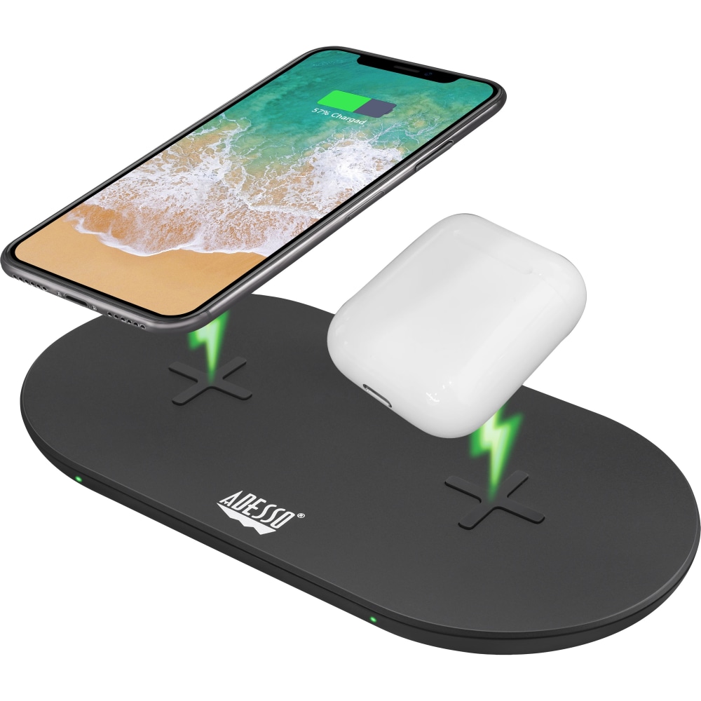 Adesso 15W Max Qi-Certified Dual 2-Coil Wireless Fast Charging Pad - 12 V DC Input - Overcharge Protection (Min Order Qty 2) MPN:AUH-1040