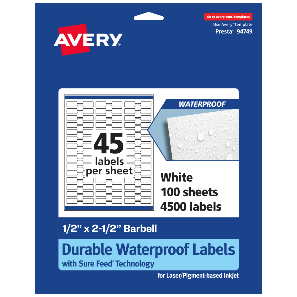 Avery Waterproof Permanent Labels With Sure Feed, 94749-WMF100, Barbell, 1/2in x 2-1/2in, White, Pack Of 4, 500 MPN:7278221917