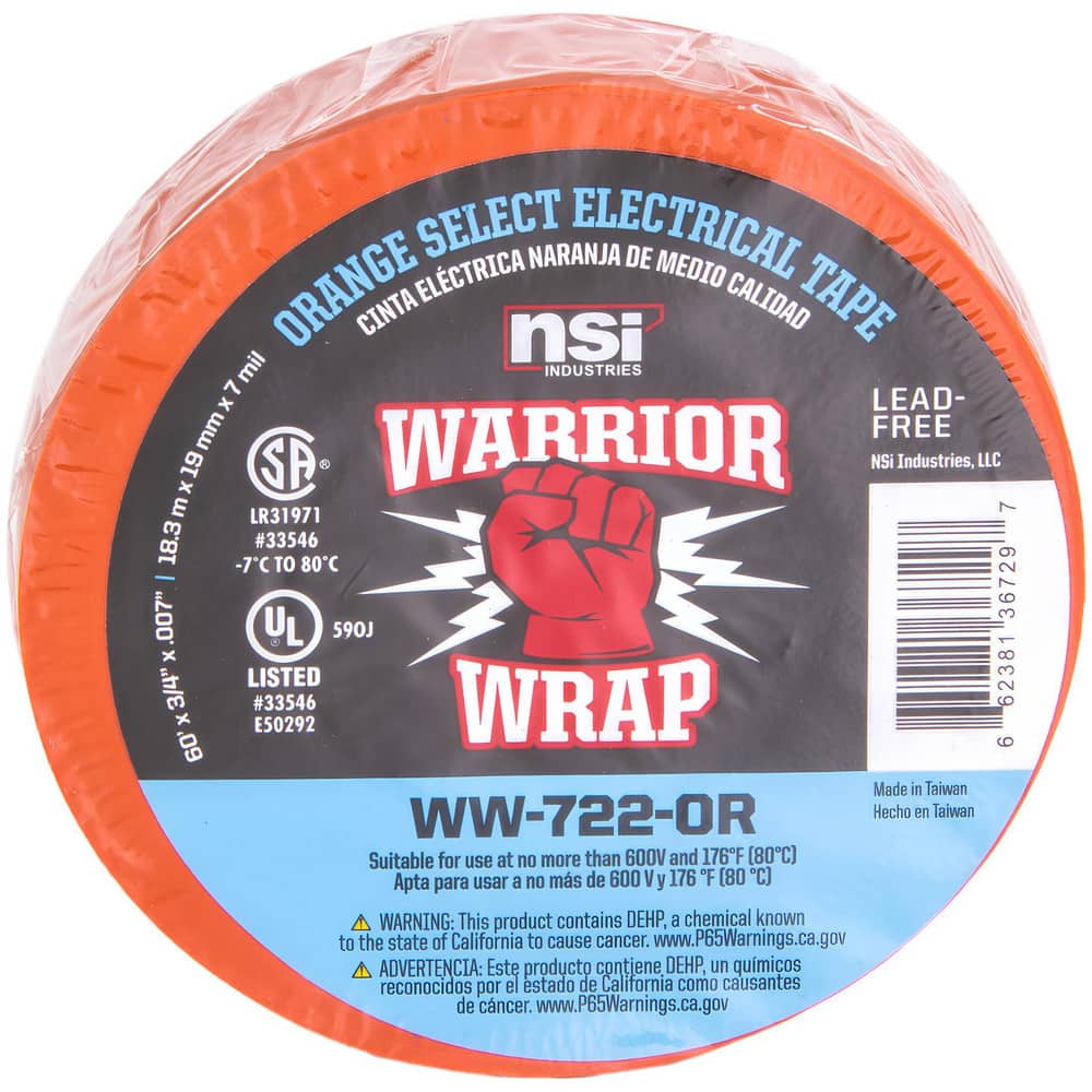 Electrical Tape, Tape Material: Vinyl , Width (Inch): 3/4 , Thickness (mil): 7.0000 , Color: Orange , Series: Professional  MPN:WW-722-OR