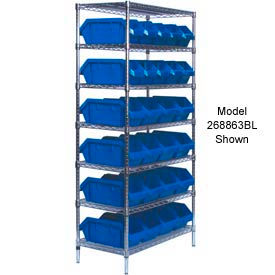 Quantum W7-14-18 Chrome Wire Shelving With 18 QuickPick Double Open Bins Blue 18x36x74 W7-14-18BL