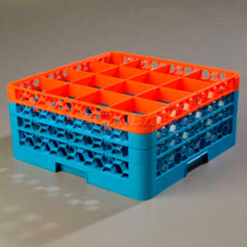 Carlisle RG16-3C412 - OptiClean™ 16 Compartment Glass Rack W/3 Extenders Orange-Blue RG16-3C412