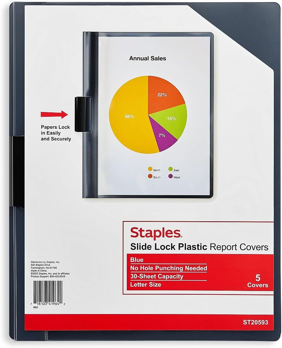 Staples 919873 Slide Locking Report Covers Letter Blue 5/Pack (20593)