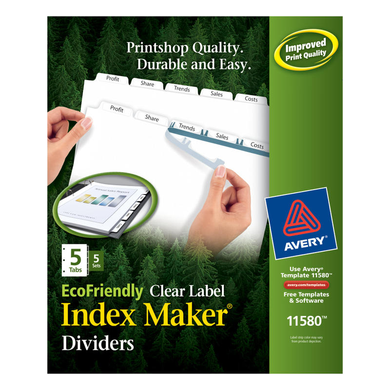 Avery EcoFriendly Index Maker Clear Label Dividers, 8 1/2in x 11in, White, 5 Tabs Per Set, 5 Sets Per Pack MPN:11580