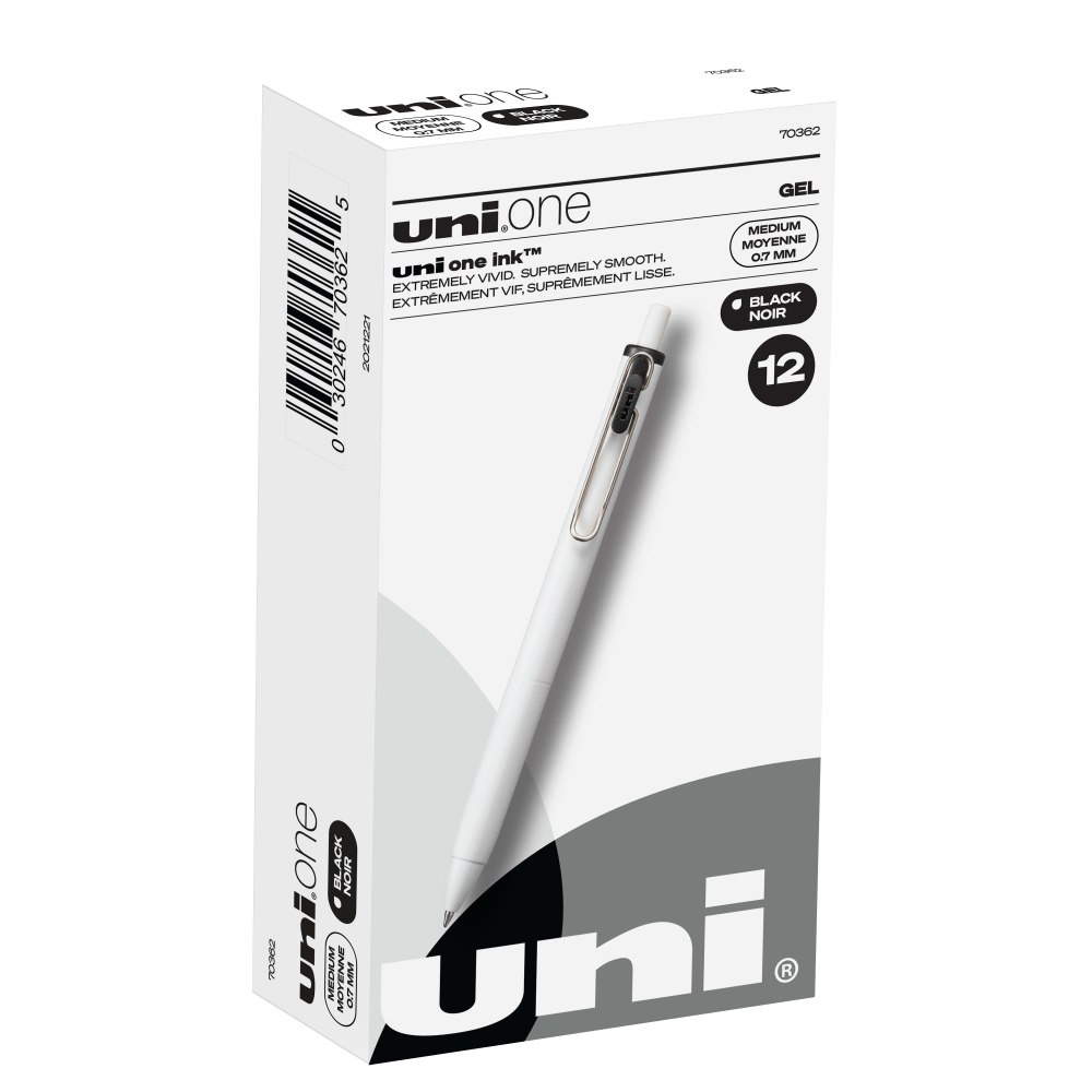 Uni-Ball One Retractable Gel Pens, Medium Point, 0.7 mm, White Barrel, Black Ink, Pack Of 12 Pens MPN:70362