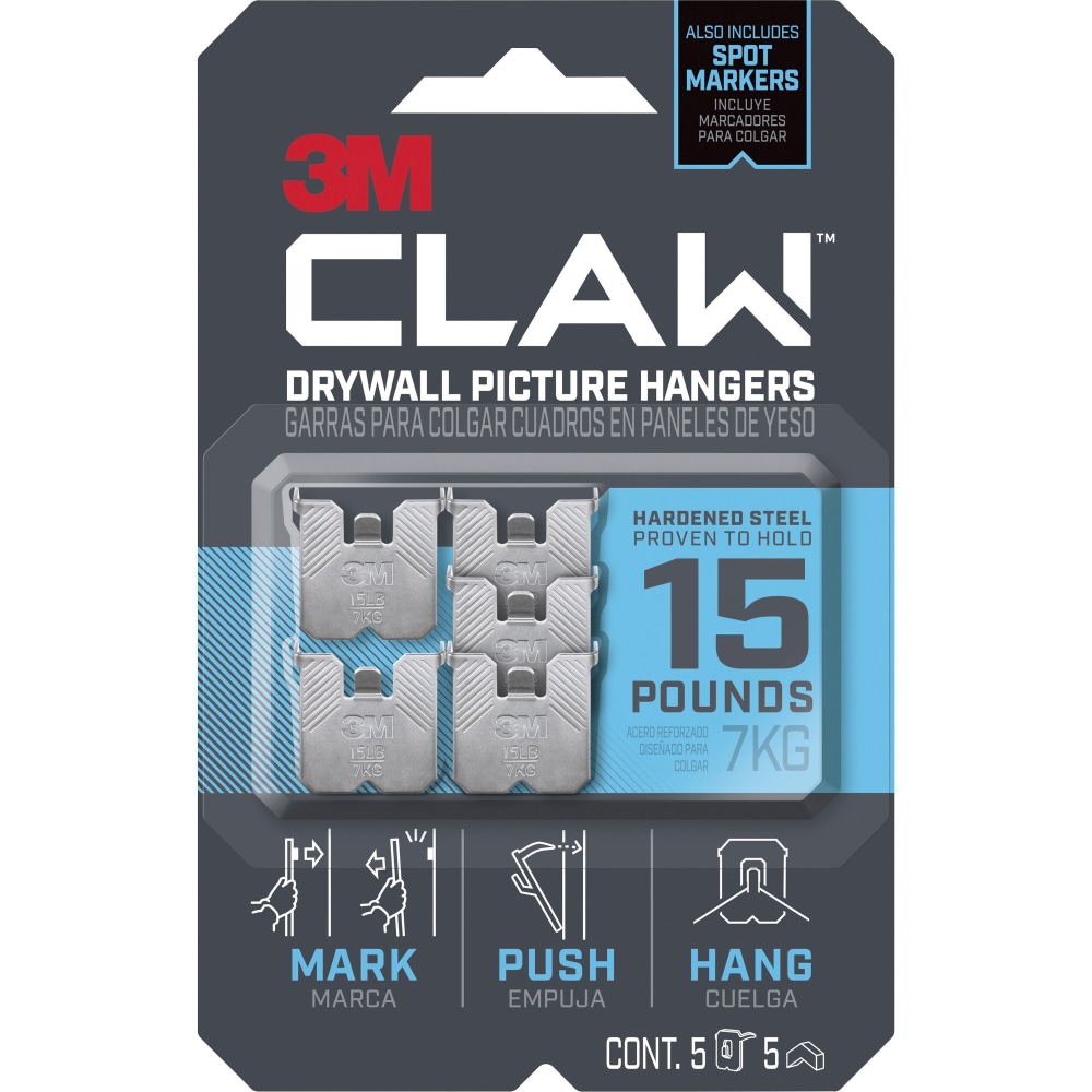 3M CLAW Drywall Picture Hanger - 15 lb (6.80 kg) Capacity - for Pictures, Mirror, Decoration, Art, Home - Gray - 5 / Pack MPN:MMM3PH15M5ES