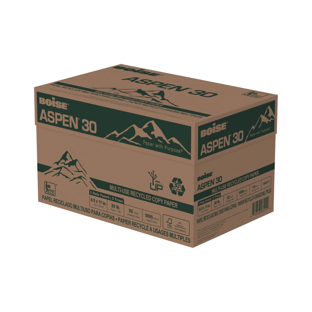 Boise ASPEN 30 3-Hole Punched Multi-Use Printer & Copy Paper, White, Letter (8.5in x 11in), 5000 Sheets Per Case, 20 Lb, 92 Brightness, 30% Recycled, FSC Certified, Case Of 10 Reams MPN:054901-P-CTN