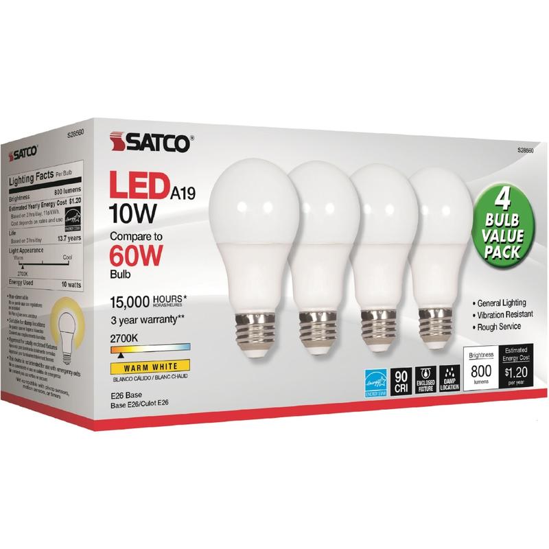 Satco 10W A19 LED 2700K Frosted Bulbs - 10 W - 60 W Incandescent Equivalent Wattage - 120 V AC - 800 lm - A19 Size - Warm White Light Color - E26 Base - 15000 Hour - 4400.3 deg.F (2426.8 deg.C) Color Temperature - 93 CRI - 220 deg. Be (Min Order Qty 5) MP